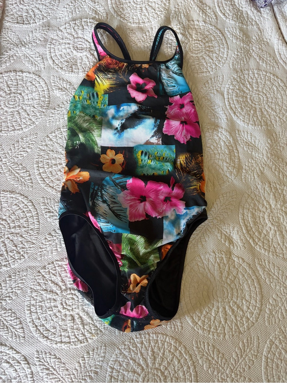Speedo Black One-Piece Swimsuit with Pink, Teal & Orange Floral Blocks